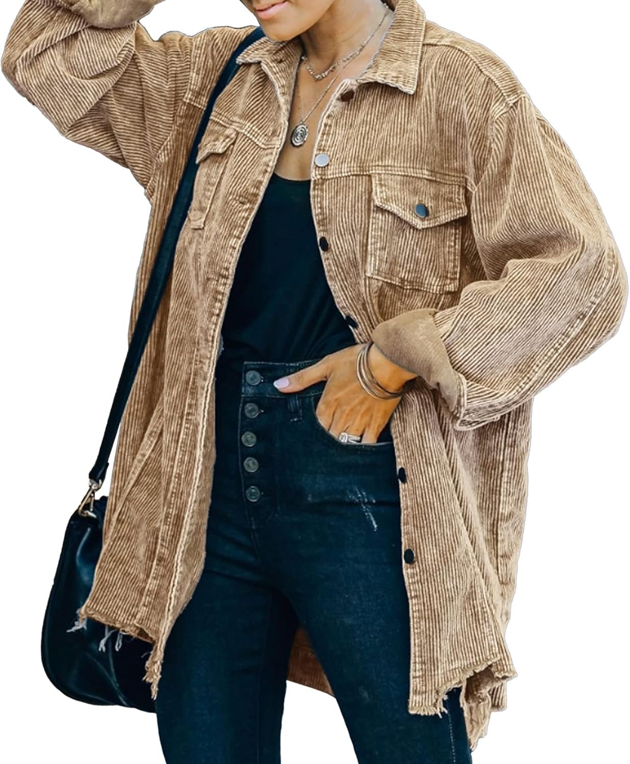 Hixiaohe Women's Casual Oversized Button Down Corduroy Shirt Jacket Coat Washed...