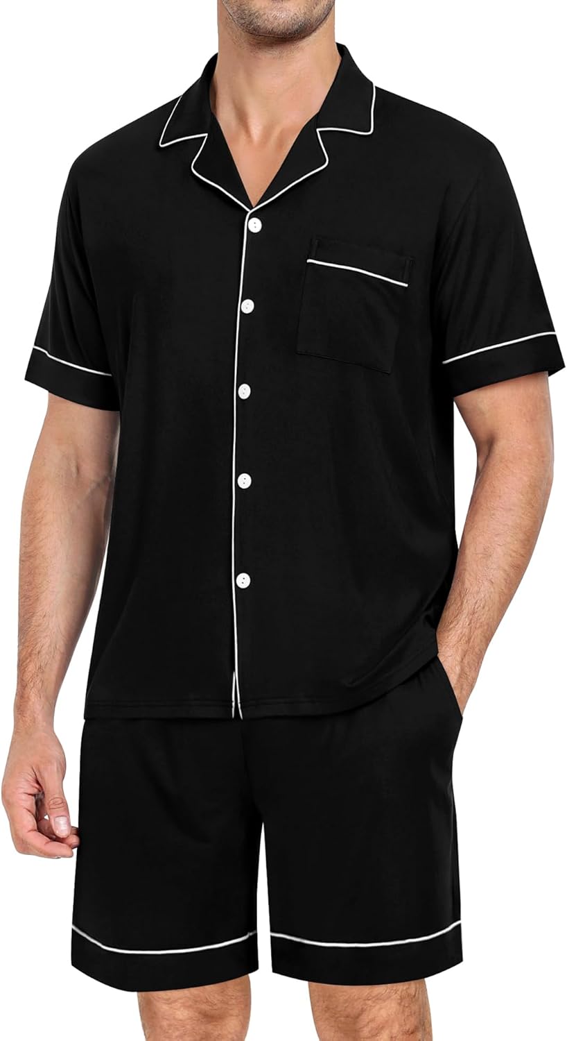 SWOMOG Mens Pajama Set Short Sleeve 2 PCS Sleepwear Button Down Soft Loungewear...