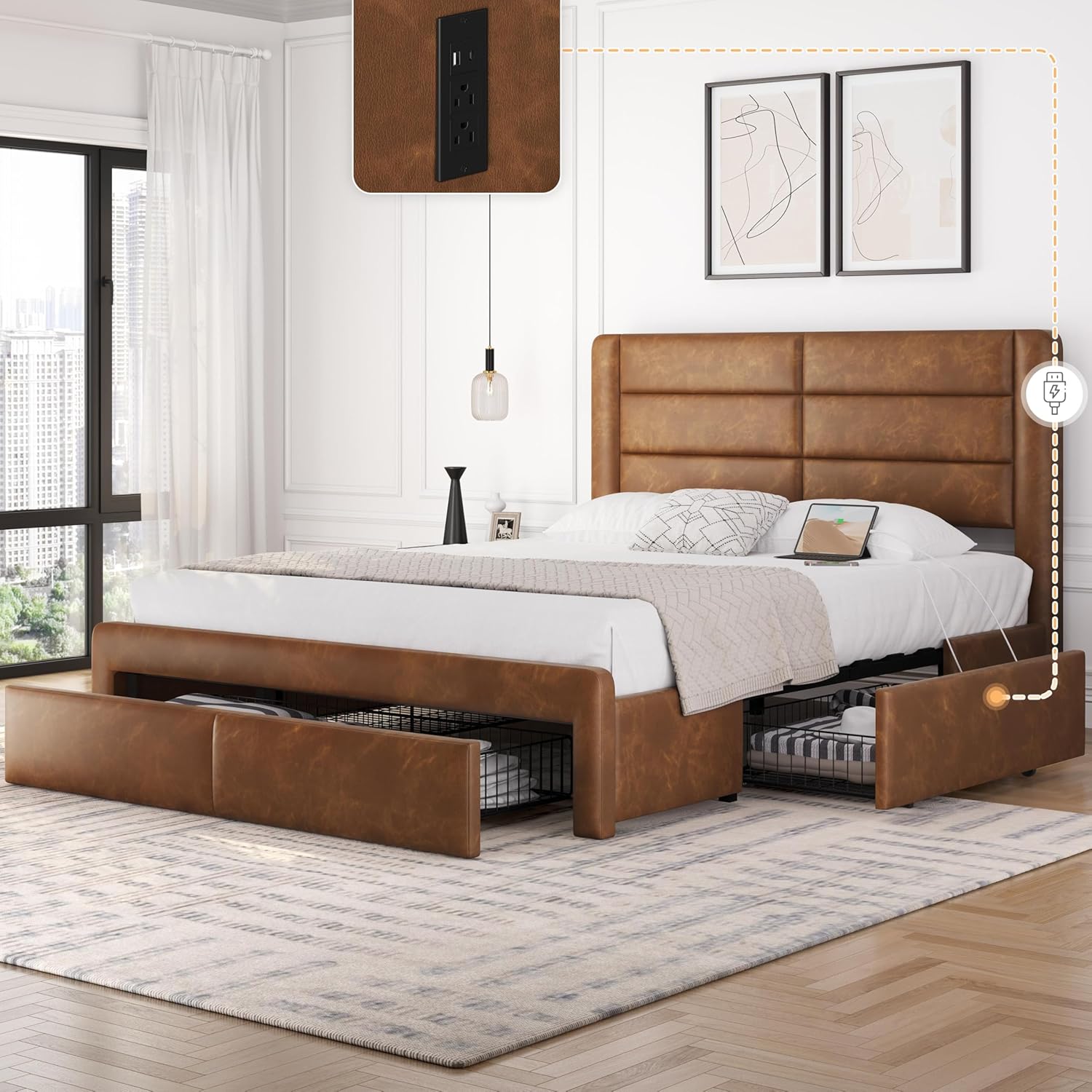 Yaheetech Queen Bed Frame with 2 USB Charging Stations/Port for Type A&Type C/3...