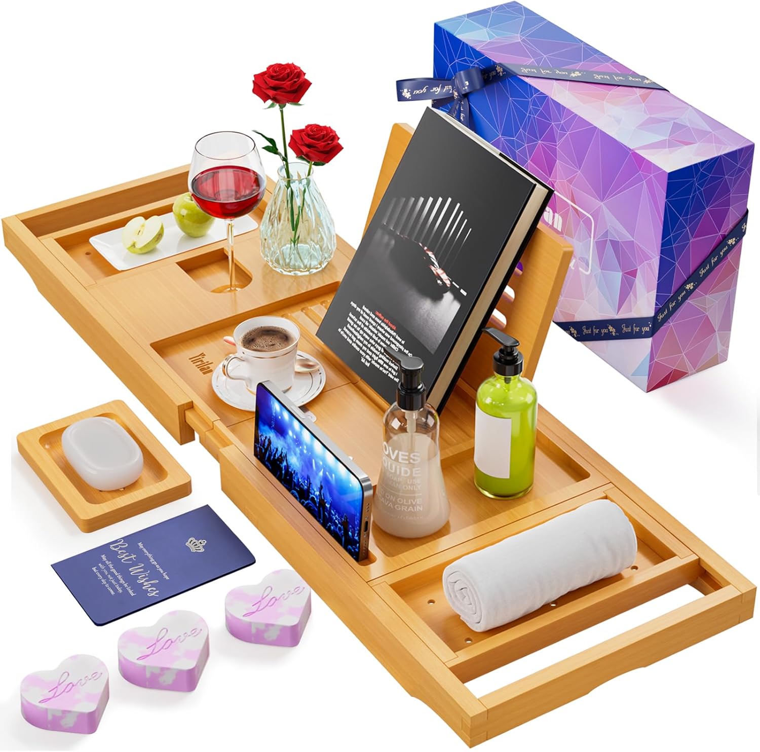 Yirilan Lux Expandable Bathtub Tray Caddy with 3 Bath Bombs-Self Care and Relaxa...