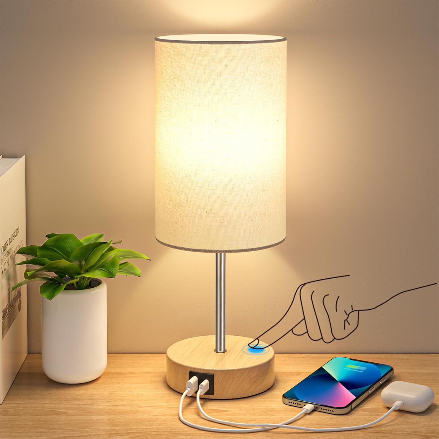 AKASUKI Table Lamp for Bedroom, 3 Way Dimmable Touch Lamp with Dual Charging Sta...