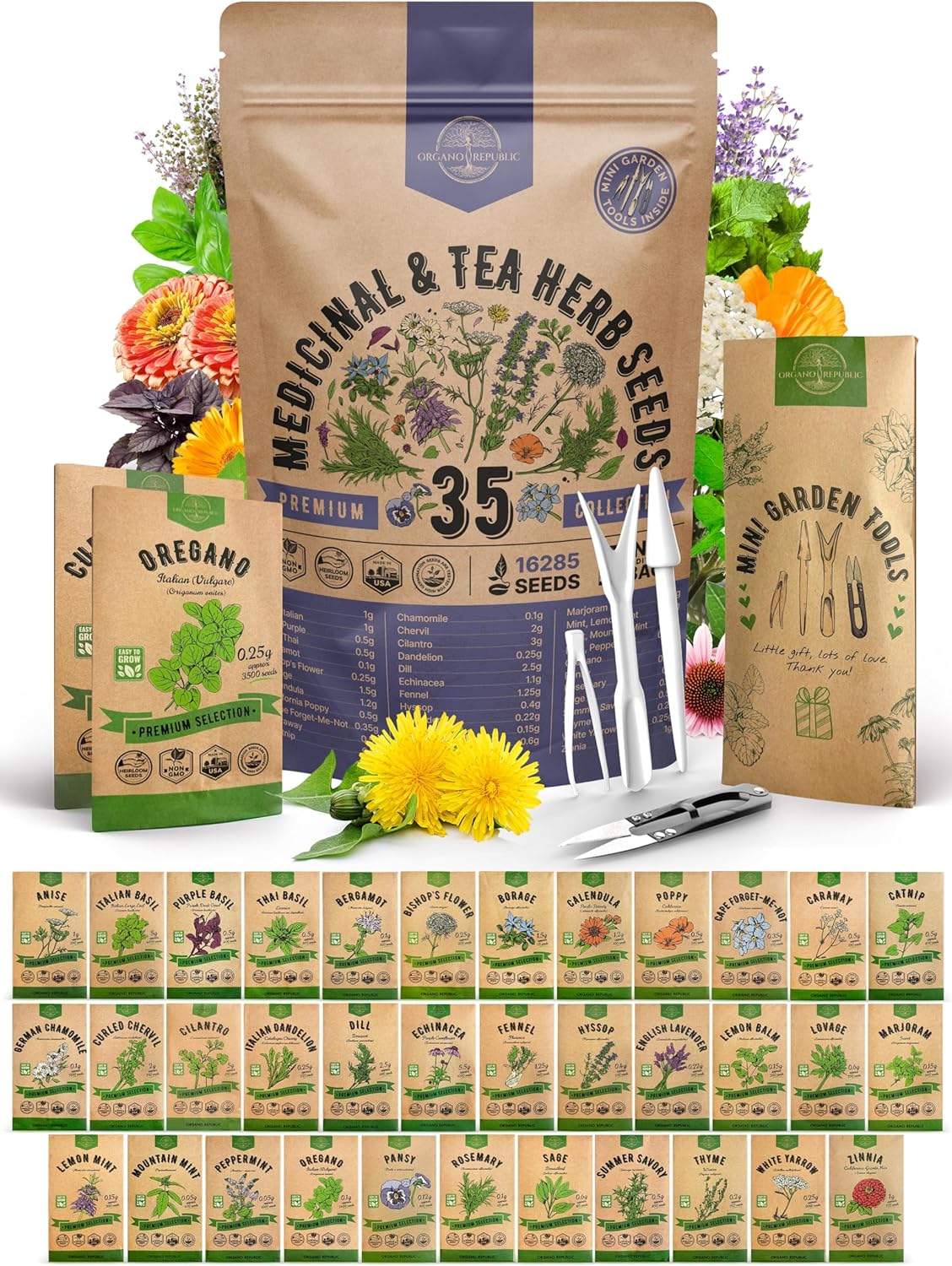 35 Medicinal & Tea Herb Seeds Variety Pack for Indoor & Outdoors. 16,335+ Non-GM...