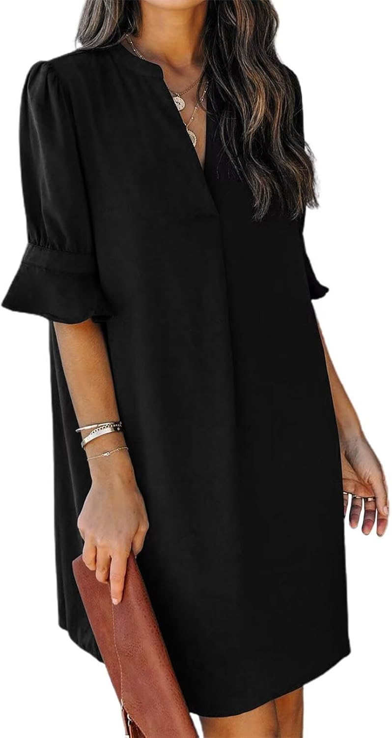 QACOHU Summer Dresses for Women V Neck Ruffle Short Sleeve Casual Shift Dress La...