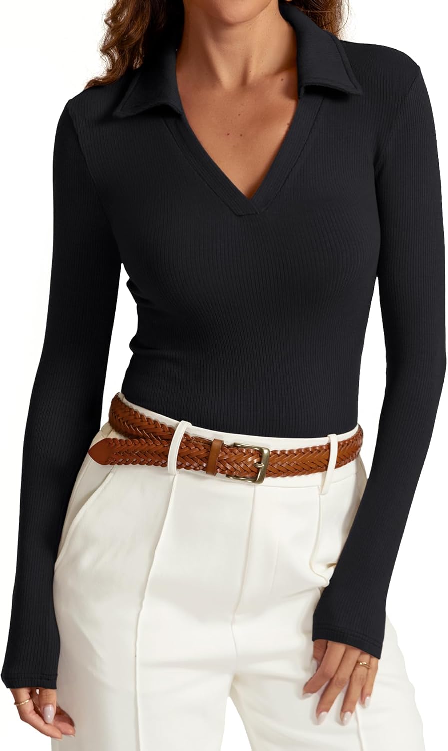 Womens Long Sleeve V Neck Polo Shirts Business Casual Collared Work Top Slim Fit...