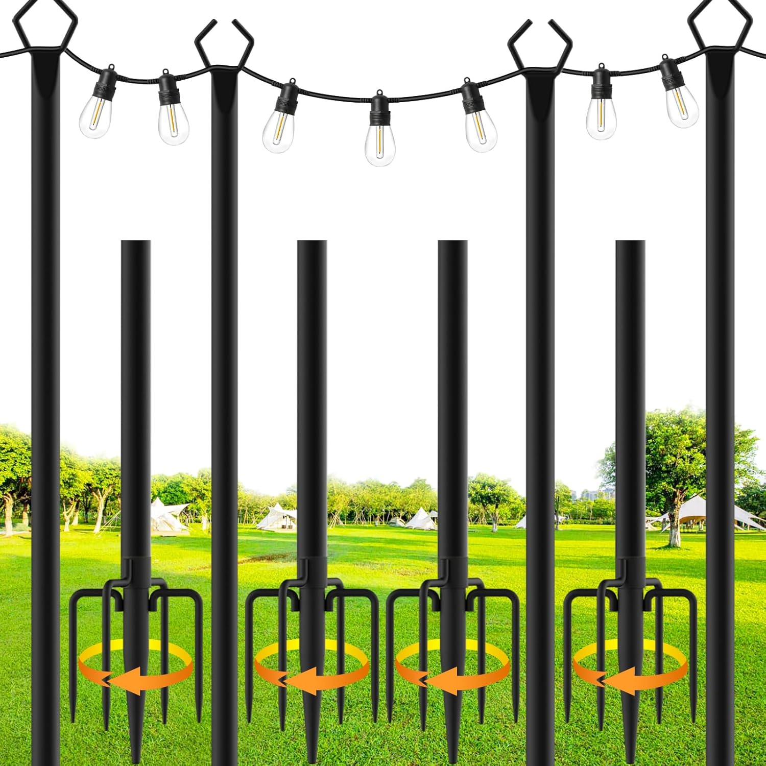 4 Pack String Light Poles,10 Ft Metal Poles with Fork for Outdoor String Lights,...