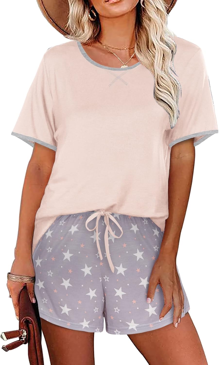 Ekouaer Women Pajama Set Casual Short Set Pink and White Star Large
