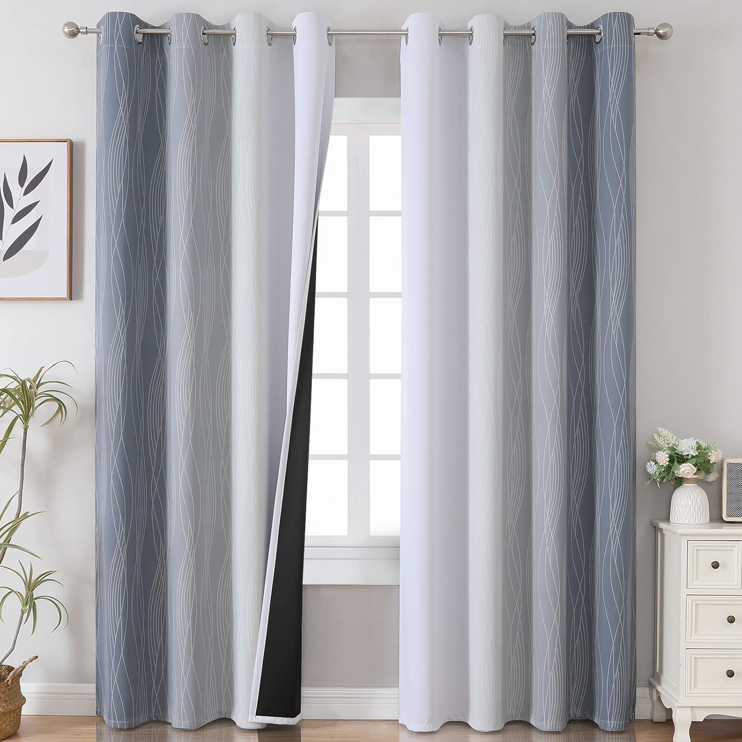 Estelar Textiler Grey and Greyish White Blackout Curtains & Drapes for Bedroom,T...