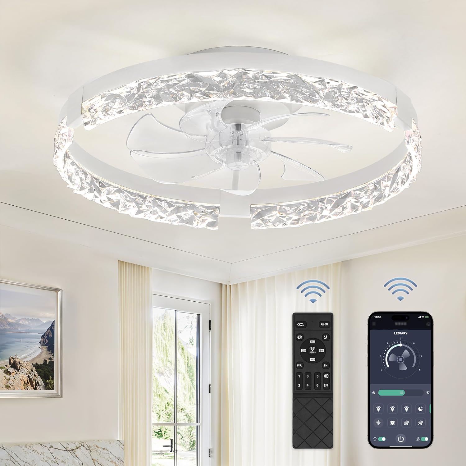 LEDIARY 20 Inch Low Profile Ceiling Fans with Lights and Remote, Fandelier Ceili...