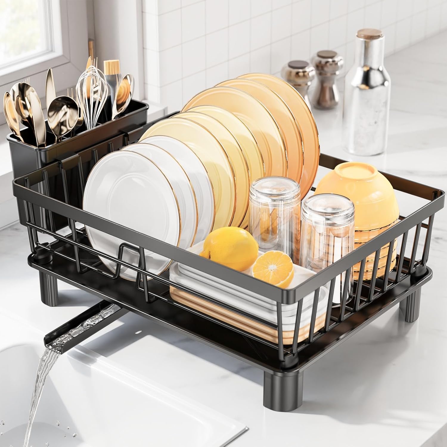 LIONONLY Dish Drainer Rack with Drip Tray,Detachable Dish Drying Rack for Kitche...