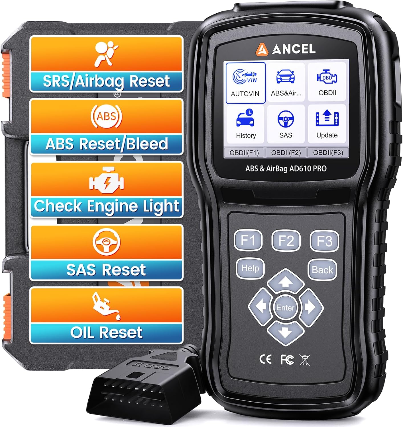 ANCEL AD610 PRO ABS SRS OBD2 Scanner with ABS Bleeding, Airbag Light Reset, SAS/...