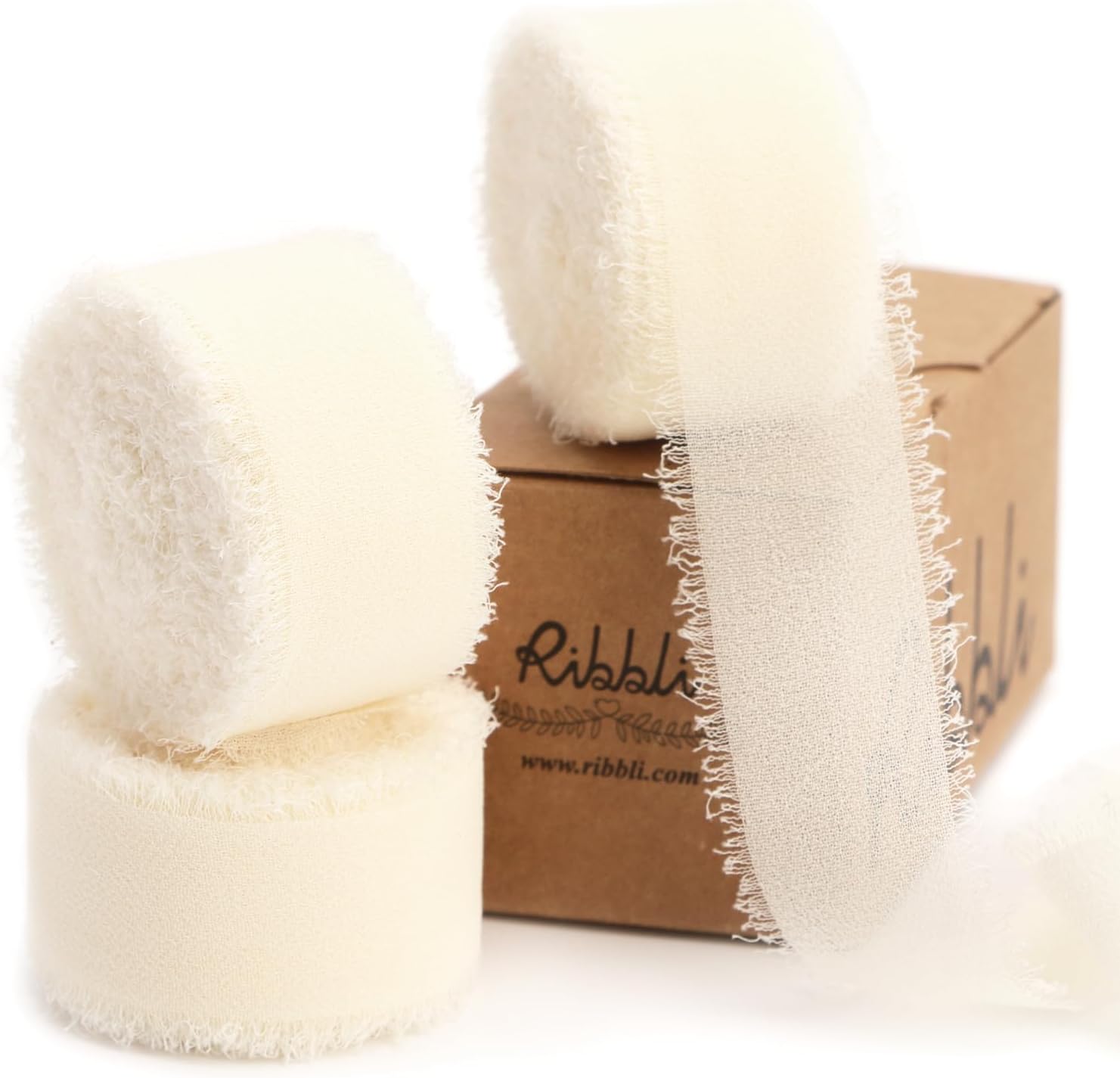 Ribbli Ivory Ribbon 1 Inch x 3 Rolls Total 24 Yards Ivory Handmade Fringe Chiffo...