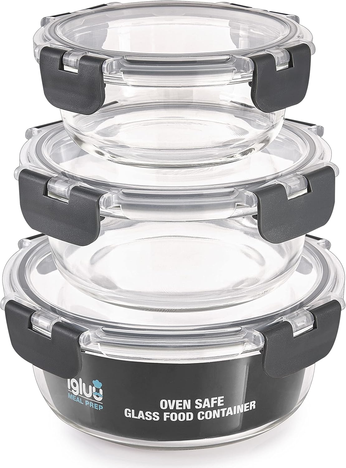 Igluu Meal Prep - Set of 3 Stackable Glass Round Containers - Lunch Box for Food...