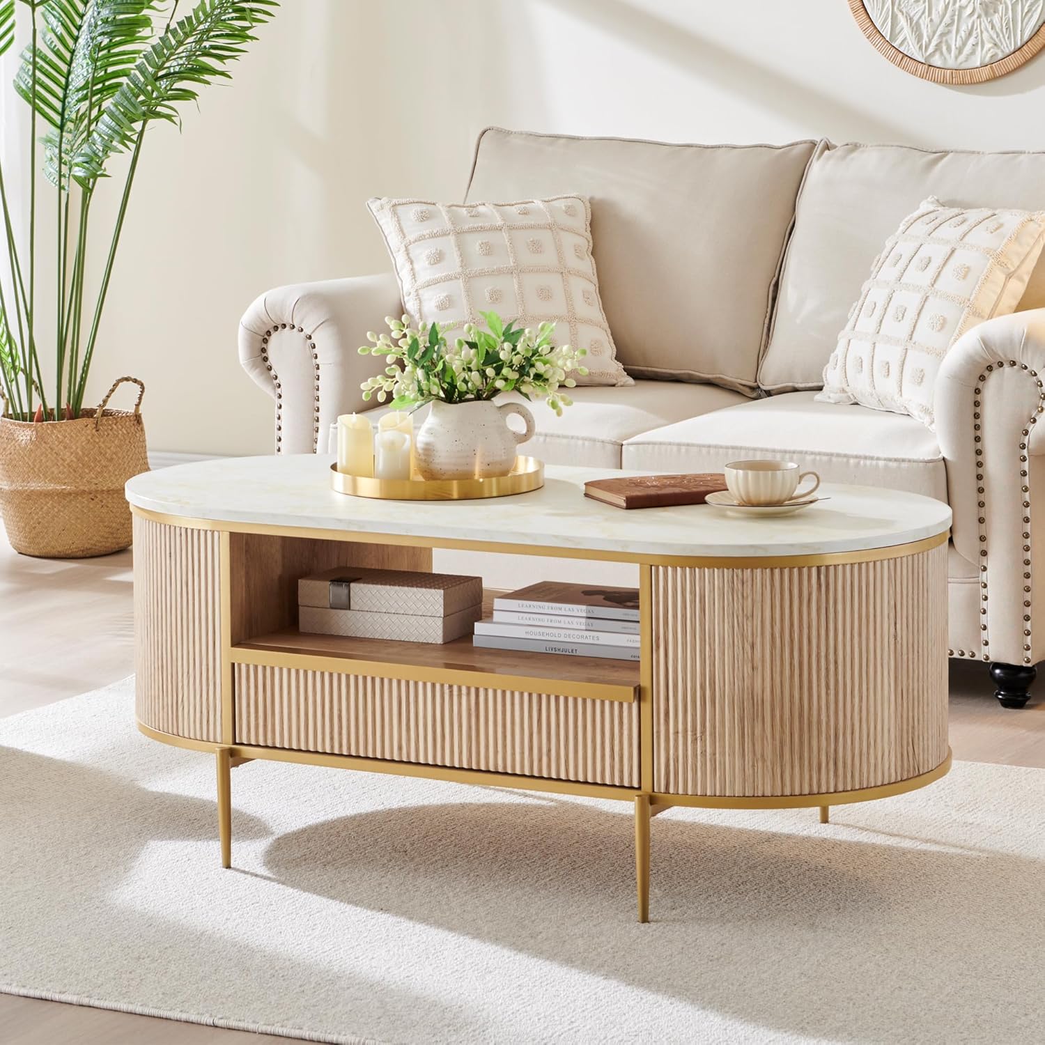 OKD Modern Luxury Fluted Coffee Table, 48" Oval Coffee Table with Drawer, Faux M...