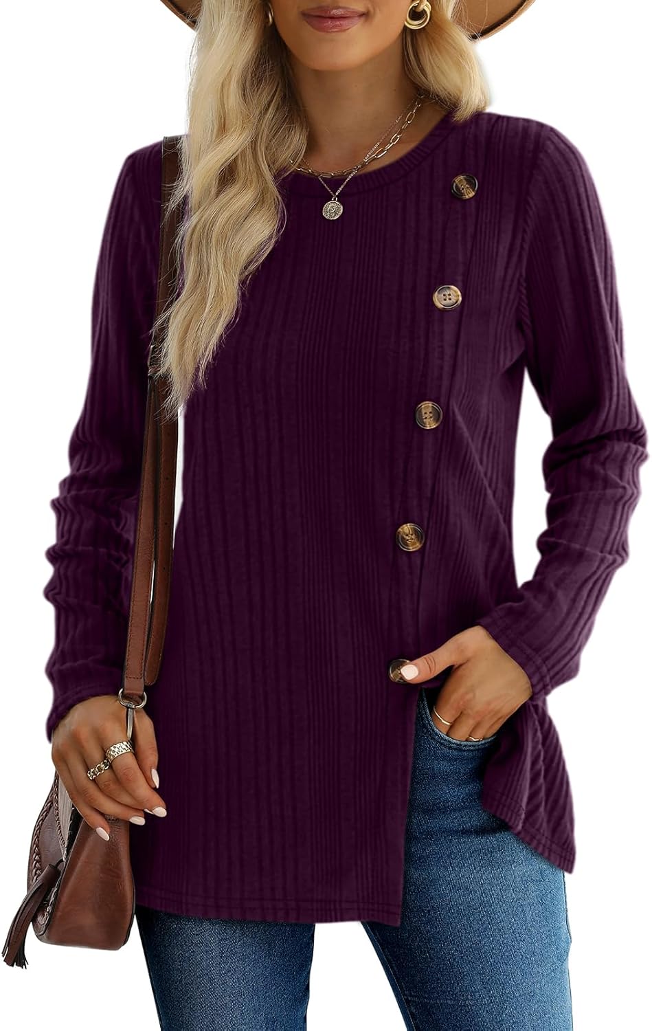 XIEERDUO Long Sleeve Tops for Women Tunics Buttons Front Slit E- Purple Large