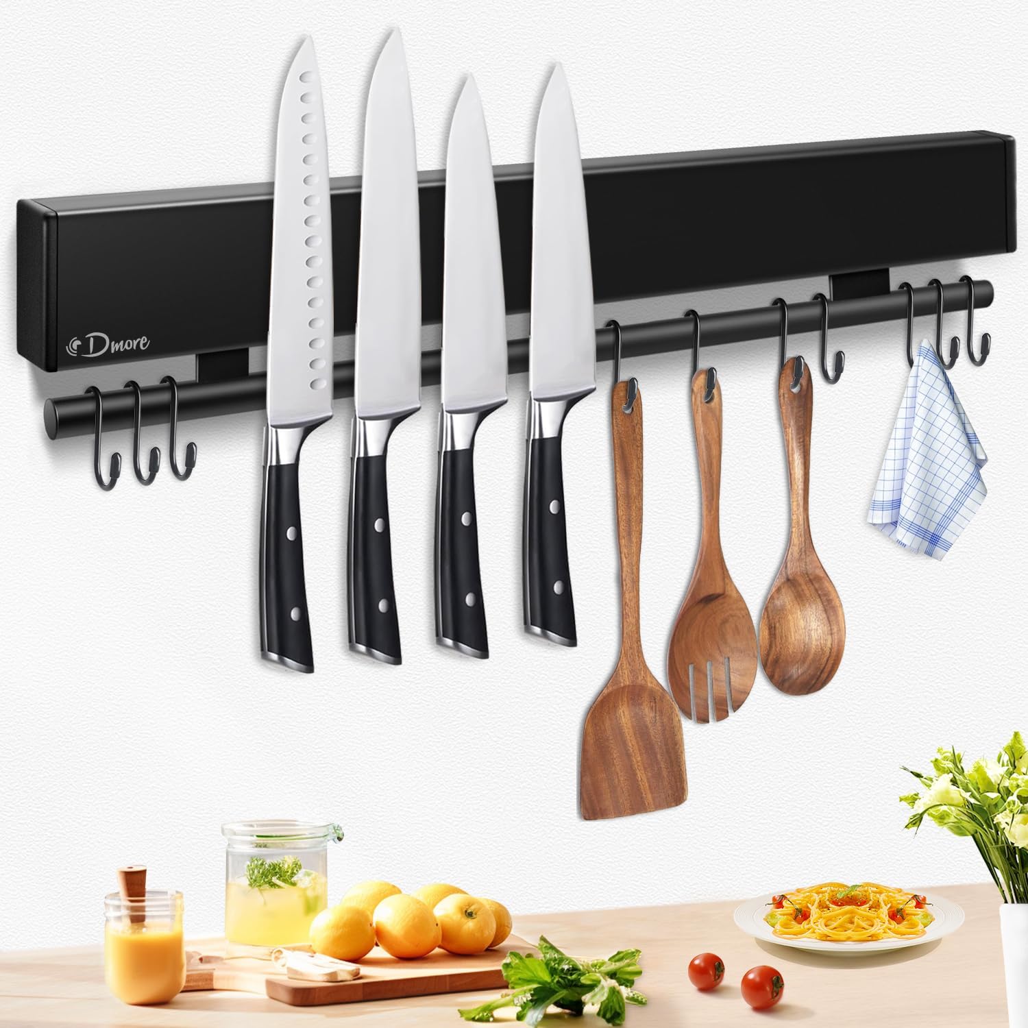 Dmore 43cm Magnetic Knife Holder for Wall with 10 Hooks, No Drilling Black Knife...