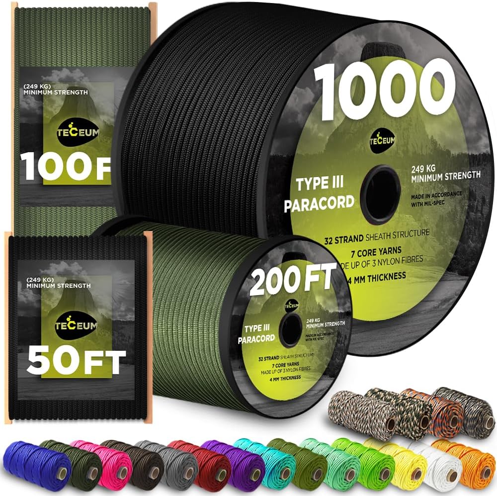 TECEUM Paracord Rope 1000 – 1000ft / 200ft / 120ft / 100ft / 50ft – Tactical Par...