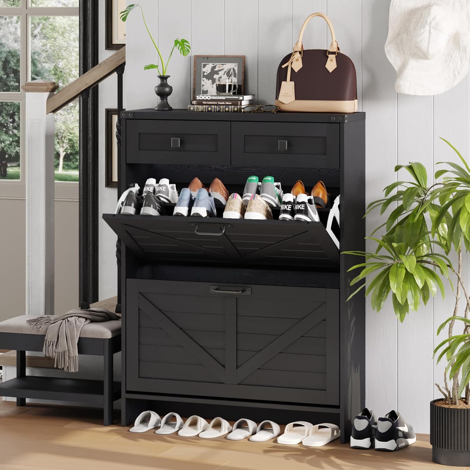 Shoe Storage Cabinet with 2 Flip Drawers & 2 Drawers,Shoe Cabinet Storage with L...