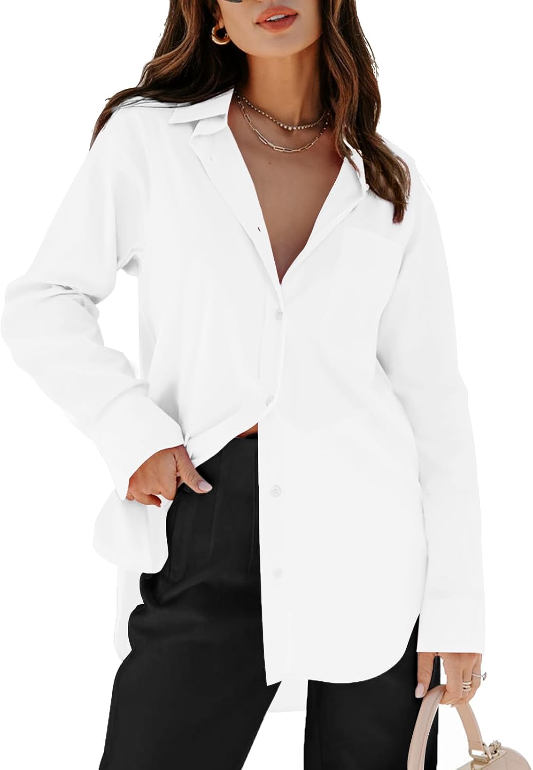 siliteelon Womens Button Down Shirts Dress Shirts Long Sleeve Blouses V Neck Sol...