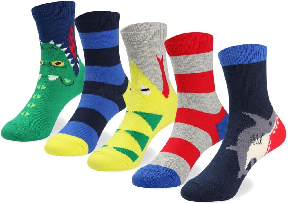 COTTON DAY Kids Boys Crew Dress Socks Bright Colorful Pattern Design Shark Camo...