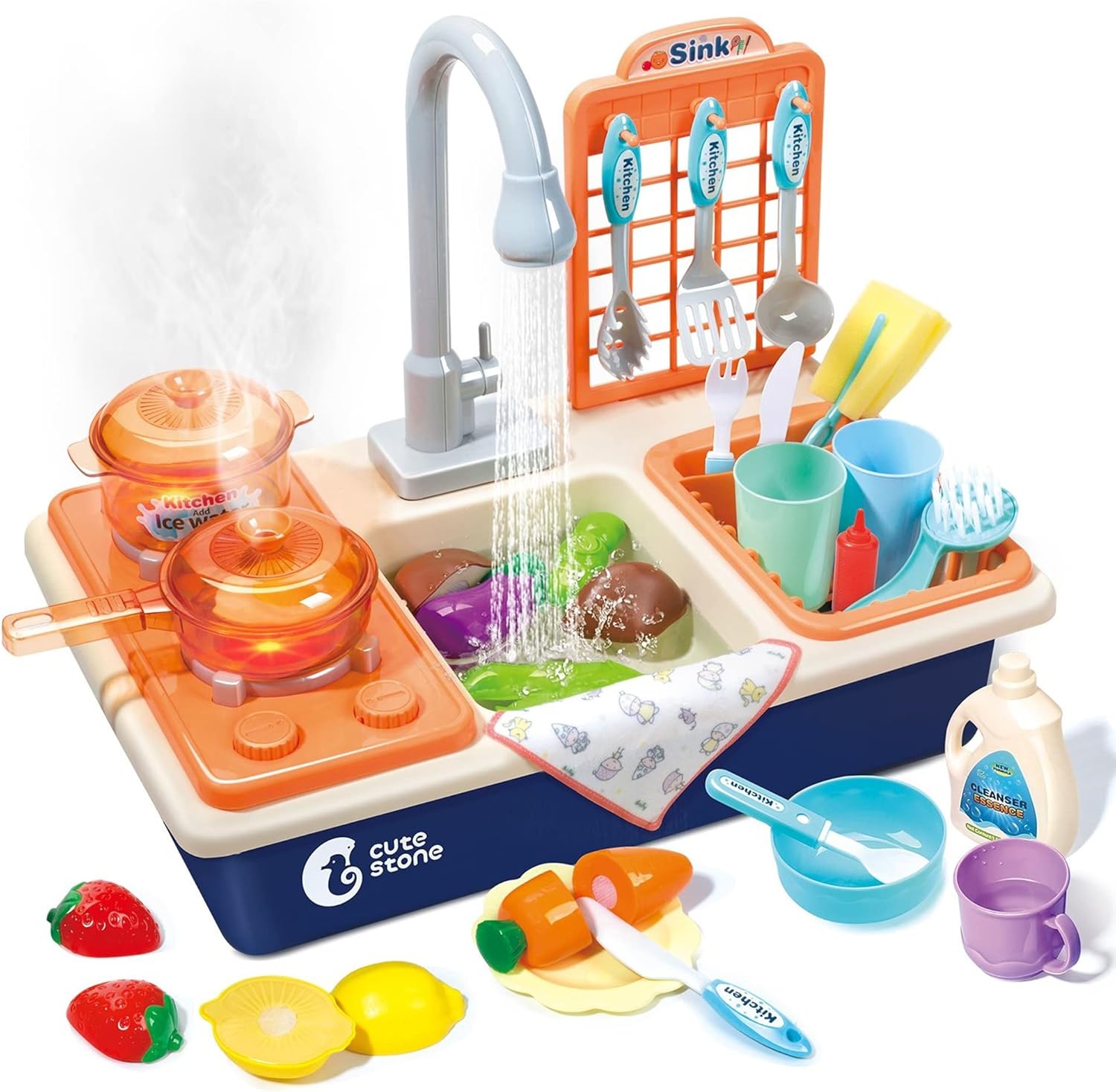 CUTE STONE Pretend Play Kitchen Sink Toys with Play Cooking Stove, Pot and Pan w...