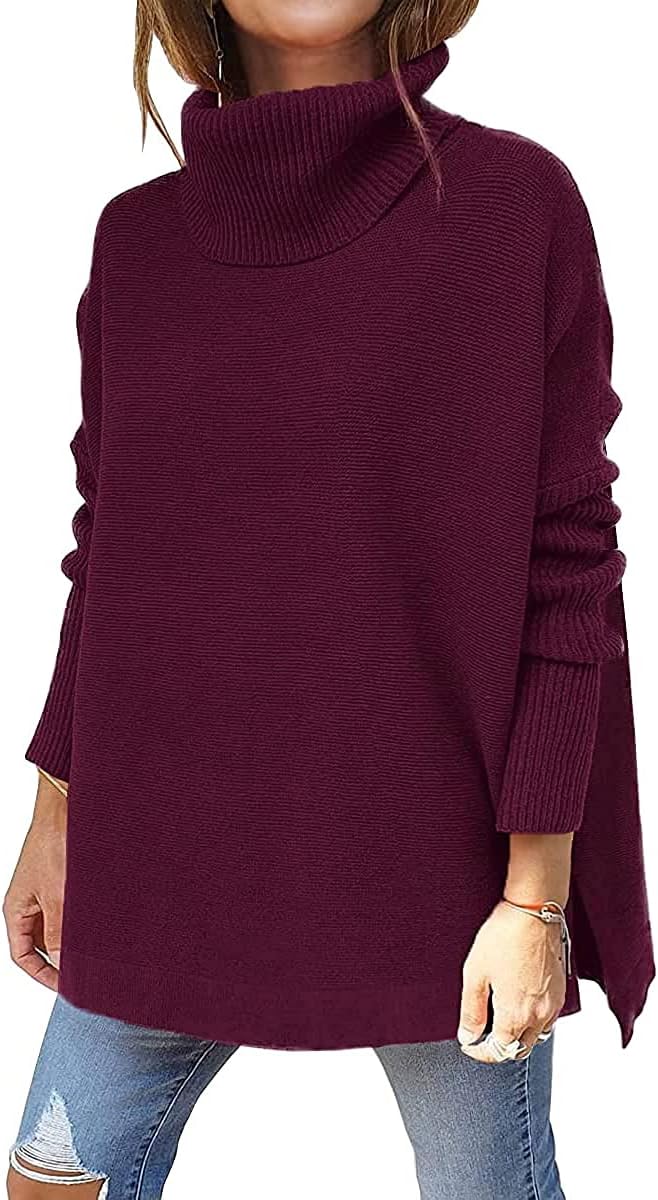 LILLUSORY Women's Turtleneck Oversized Sweaters Long Batwing Sleeve Spilt Hem Tu...
