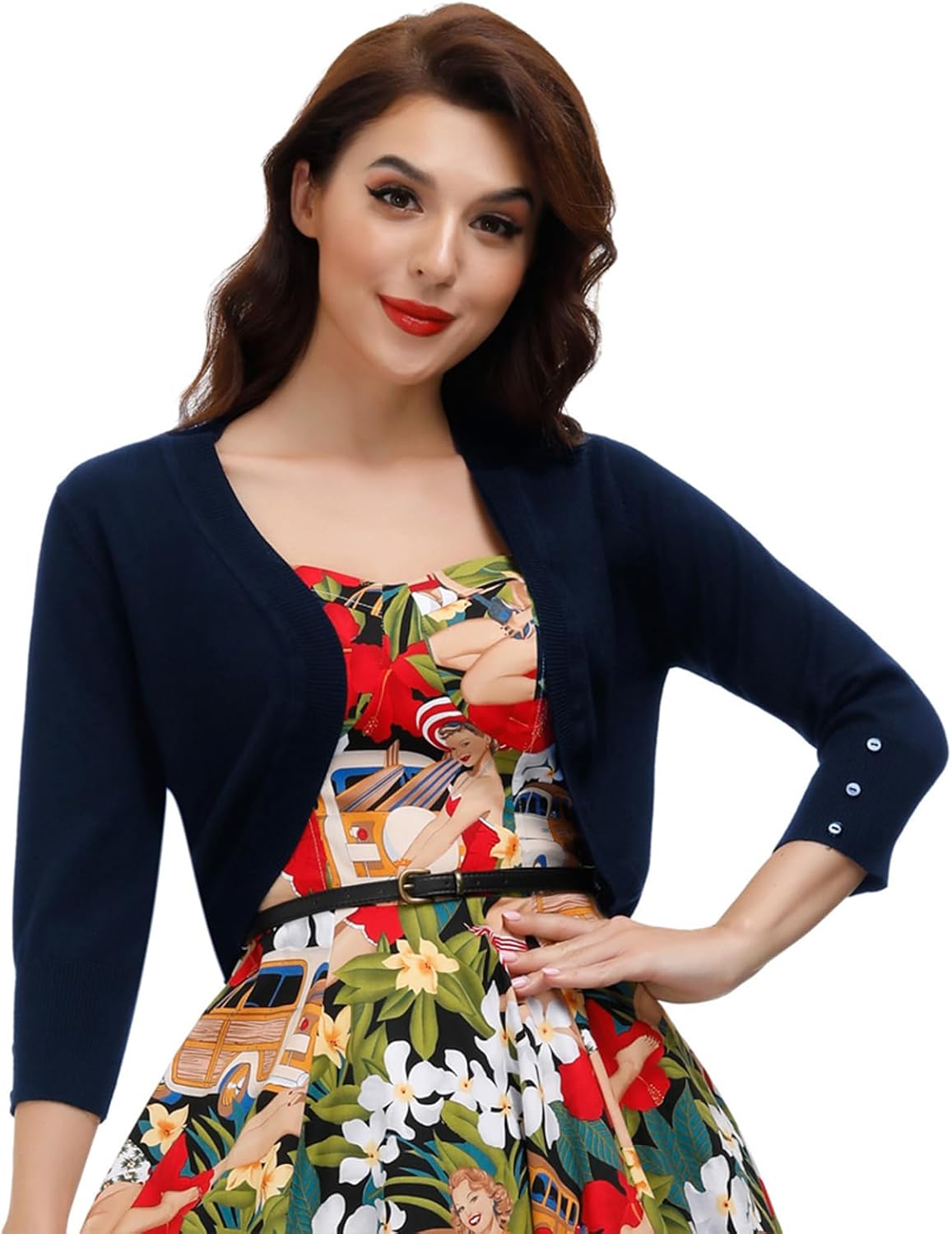 Belle Poque Womens 3/4 Sleeve Bolero Shrug Open Front Knit Cropped Cardigan Navy...