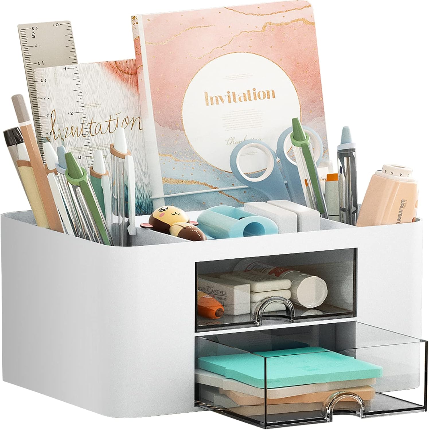 Marbrasse Pen Organizer with 2 Drawer, Multi-Functional Pencil Holder for Desk,...