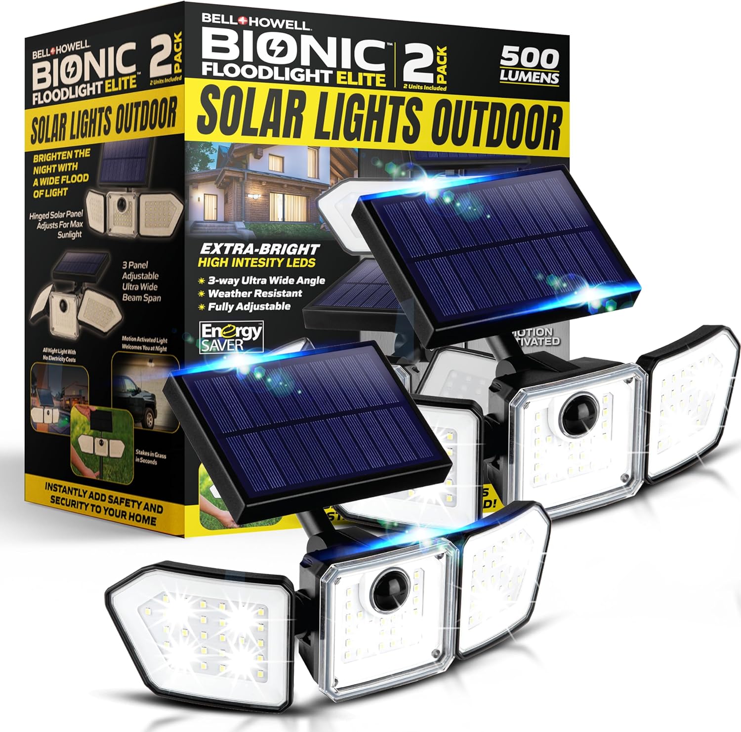 Bionic Flood Light 2 Pk Solar Lights Outdoor Waterproof, 500 Lumens Motion Senso...