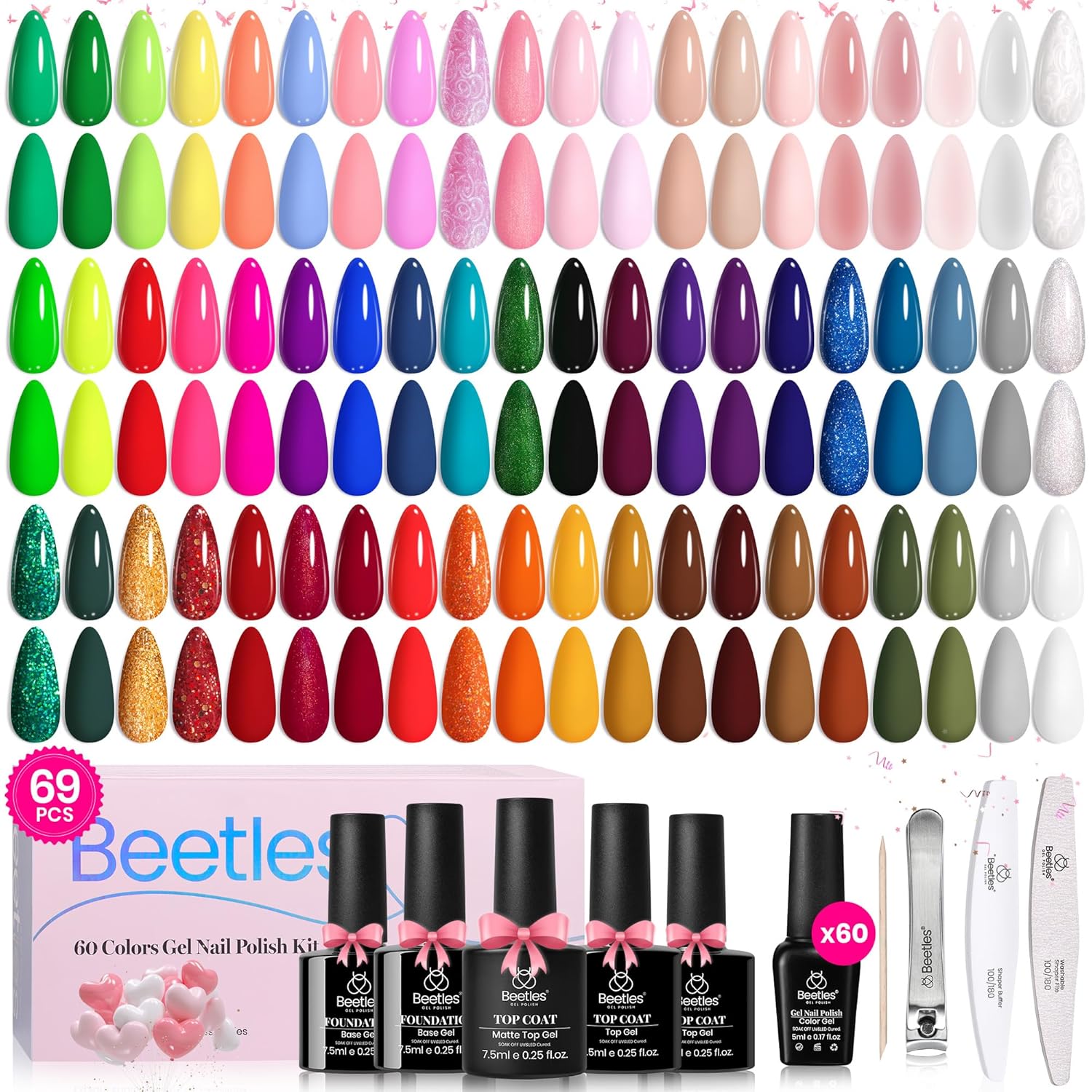Beetles Gel Nail Polish Set, 69 PCS 60 Colors Spring Gel Nail Polish Kit Neno Pa...