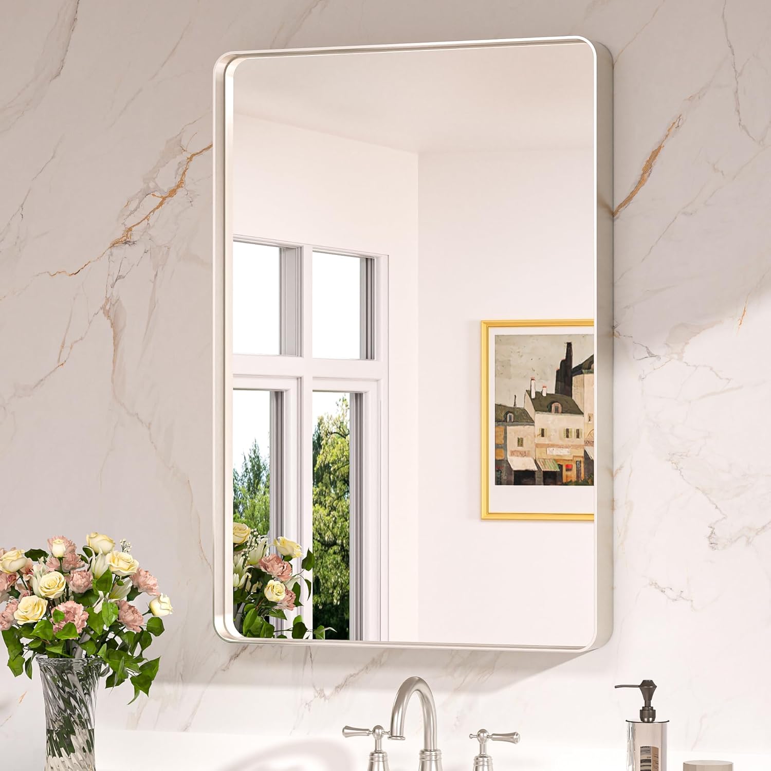 Keonjinn Brushed Nickel Mirror 24” x 36” Silver Bathroom Mirror for Over Sink, R...