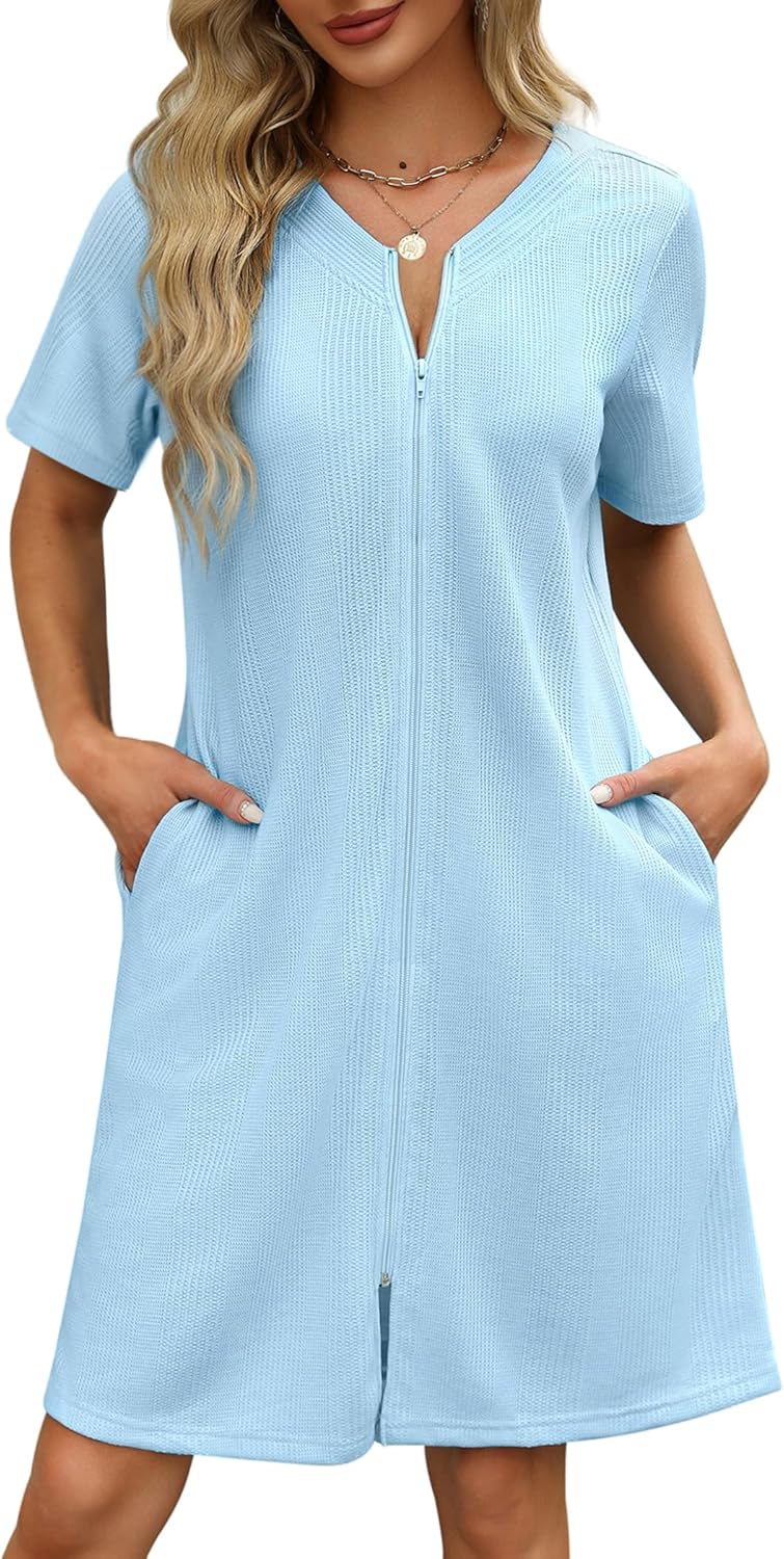 Ekouaer Women Zipper Robes Waffle Short Bathrobe Lightweight House Coat with Poc...