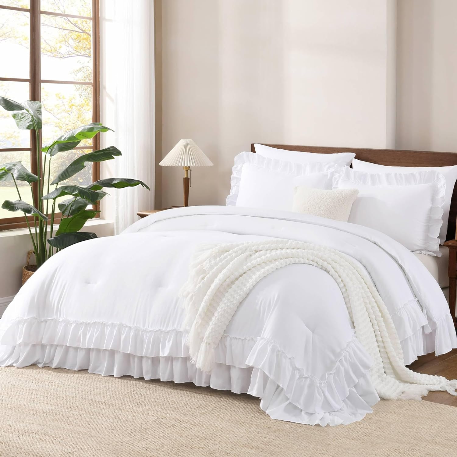 Andency White Ruffle Comforter Full Set, 3pcs Vintage Farmhouse Shabby Chic Bedd...