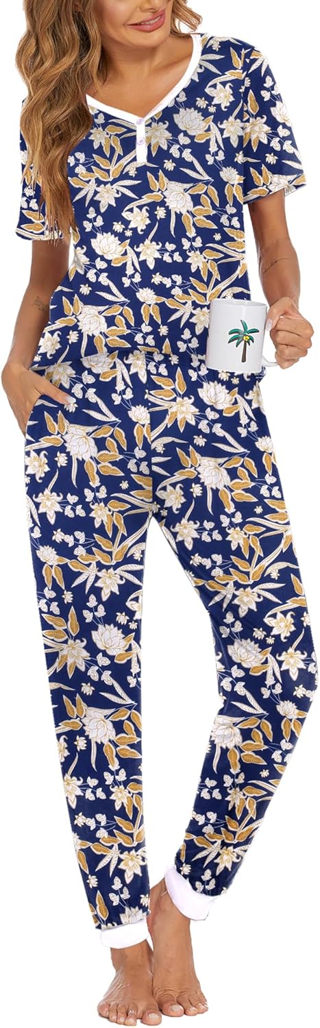 Ekouaer Pajamas Set Womens 2 Piece Lounge Set Short Sleeve Pjs Joggers Pants Sle...