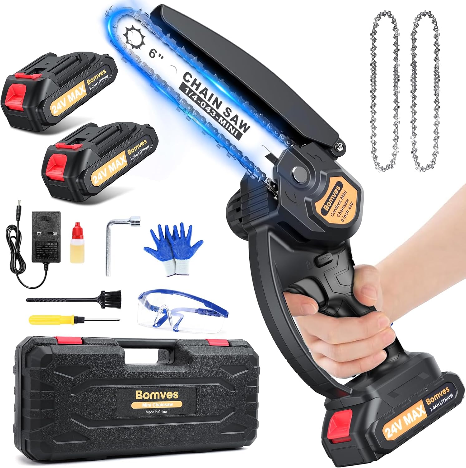 Mini Chainsaw with Battery - Vikeri 6 Inch Battery Saw with 2 Batteries and 2 Ch...
