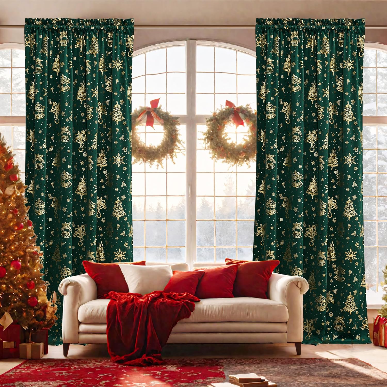NICETOWN Green Curtains 84 inches Long for Living Room, Golden Printed with Grin...