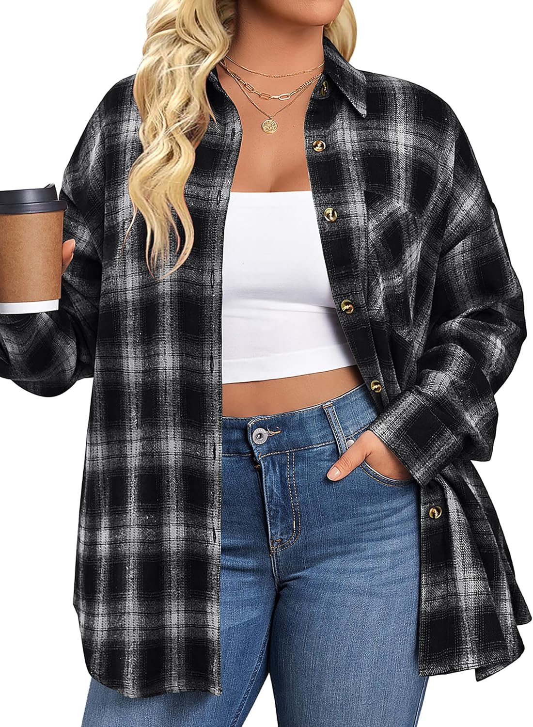 IN'VOLAND Womens Plus Size Flannel Plaid Shirts Roll Up Long Sleeve Casual Colla...