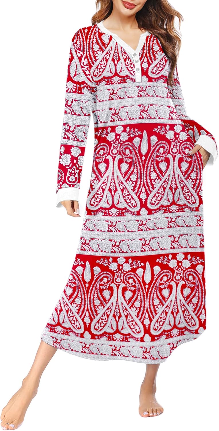 Ekouaer Womens Nightgown Long Loungewear V Neck Nightshirt Sleepwear Full Length...