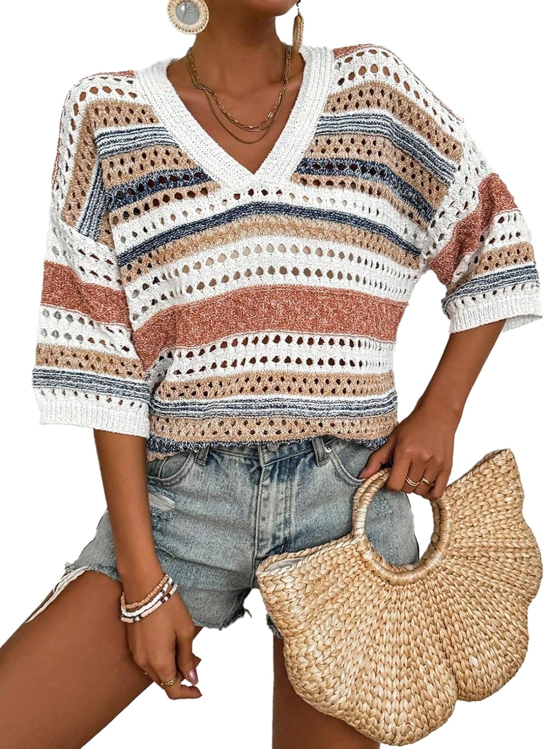 Acelitt Womens Short Sleeve Crochet Knit Sweater Hollow Out Striped Tops Beach V...