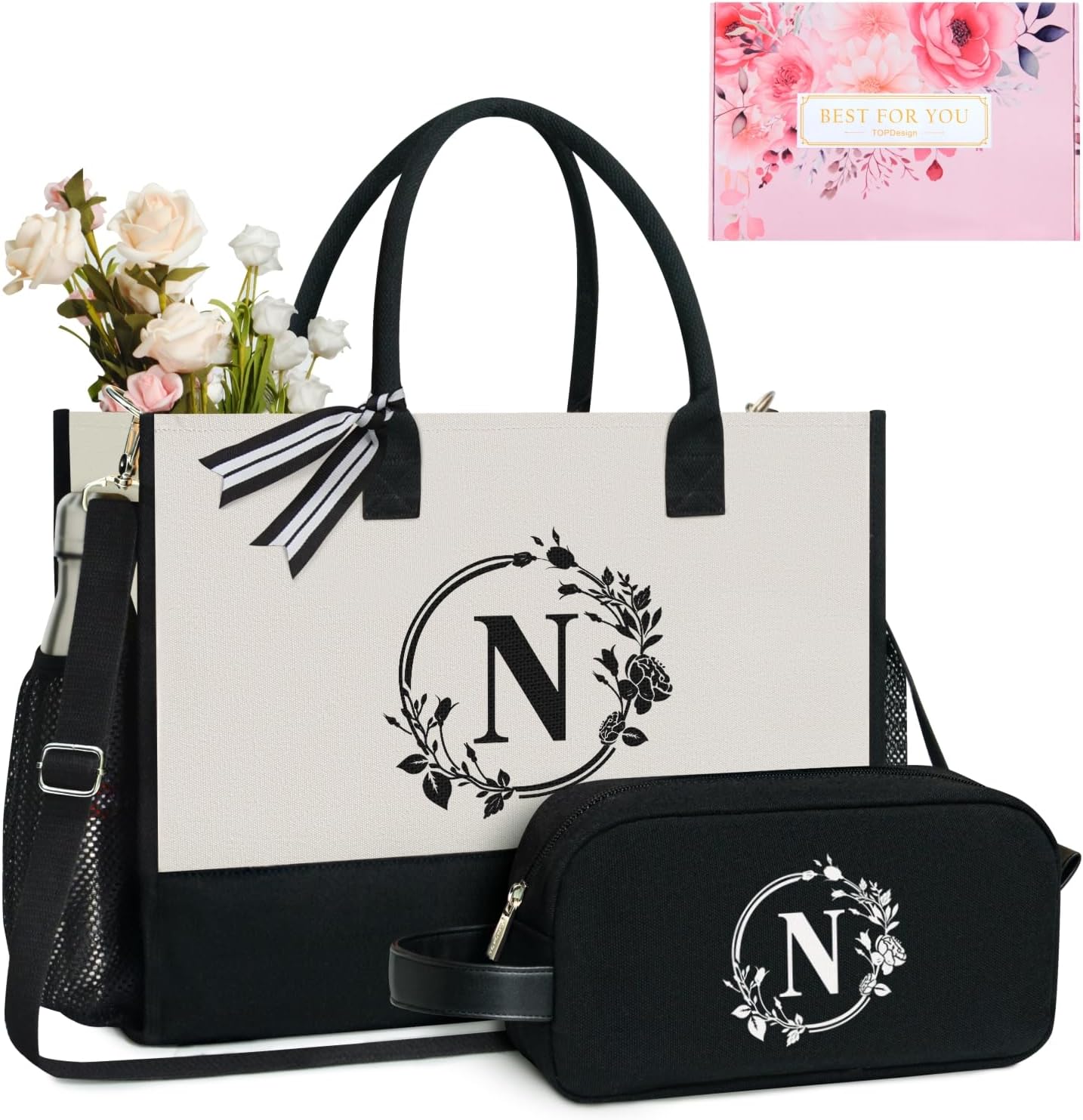 TOPDesign Personalized Initial Tote Bag with 5 Pockets, Top Zipper Closure, Birt...