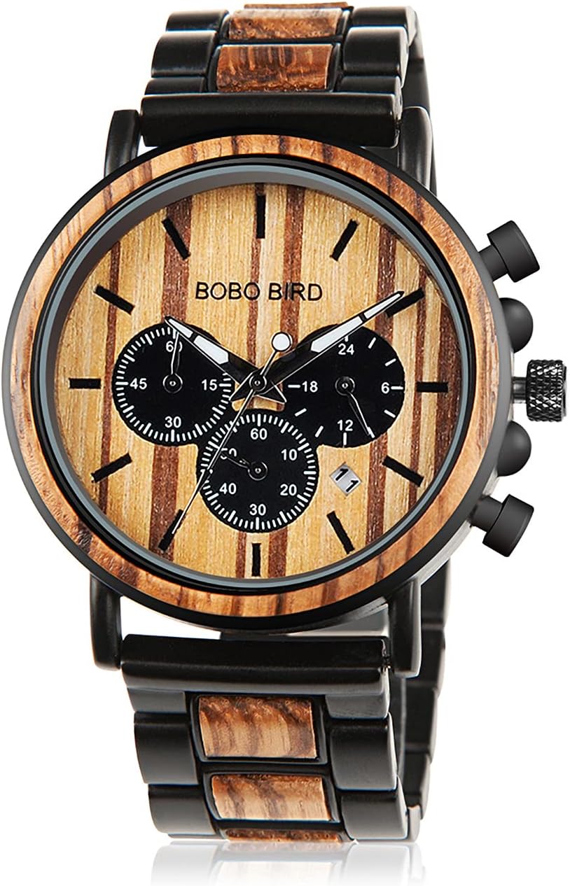 BOBO BIRD Wooden Mens Watches Wood & Stainless Steel Combined Chronograph Milita...