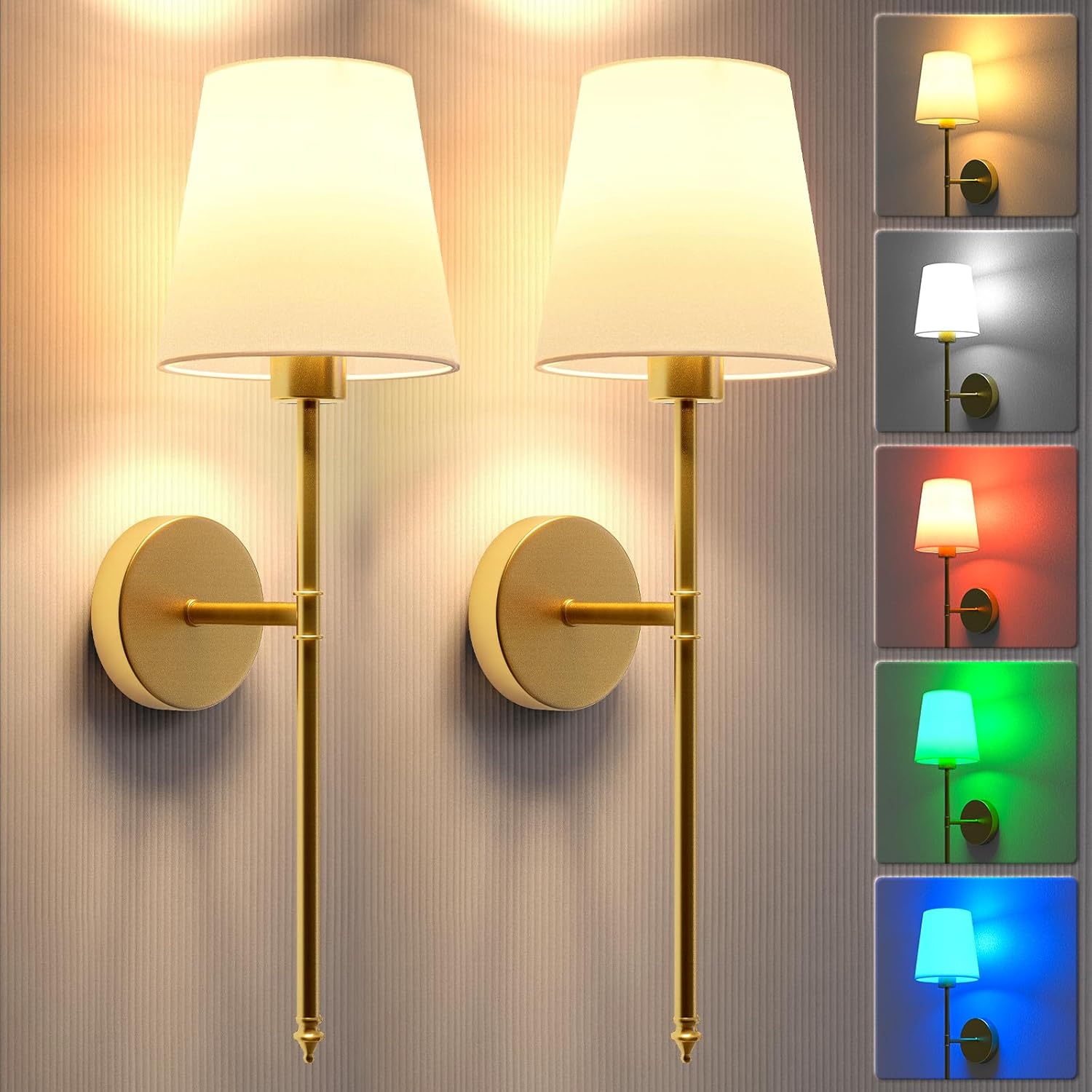 Wall Lights Battery Operated Wall Sconces Set of 2,Gold Wireless Wall Sconces wi...