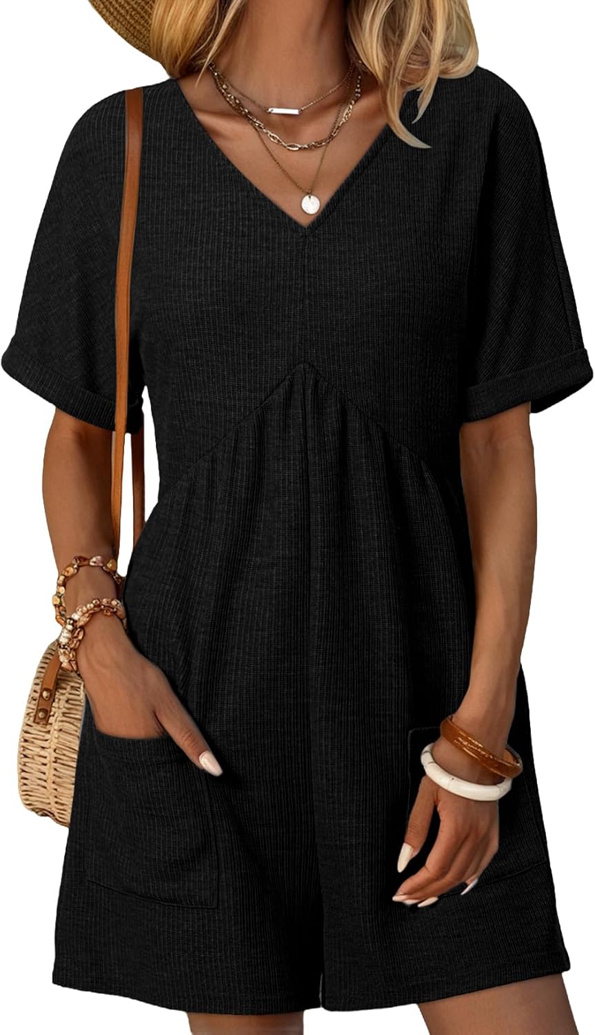 AlvaQ Rompers for Women Solid Color Casual Short Sleeve V Neck Zipper Short Jump...