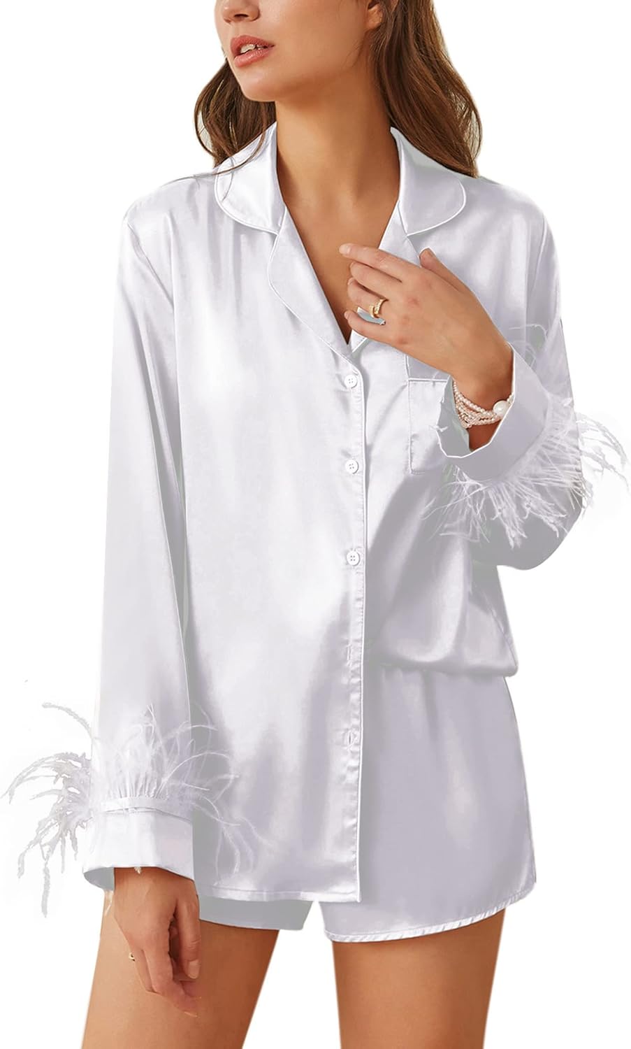 Ekouaer Women's Bridal Feather Trim Silk Satin Pajama Set Long Sleeve Lounge Set...