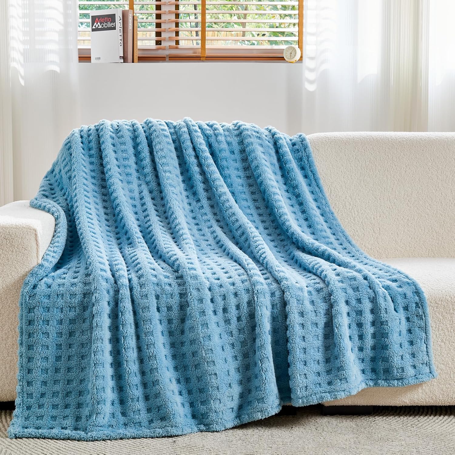 NEWCOSPLAY Super Soft Throw Blanket Blue Premium Silky Flannel Fleece 3D Waffle...