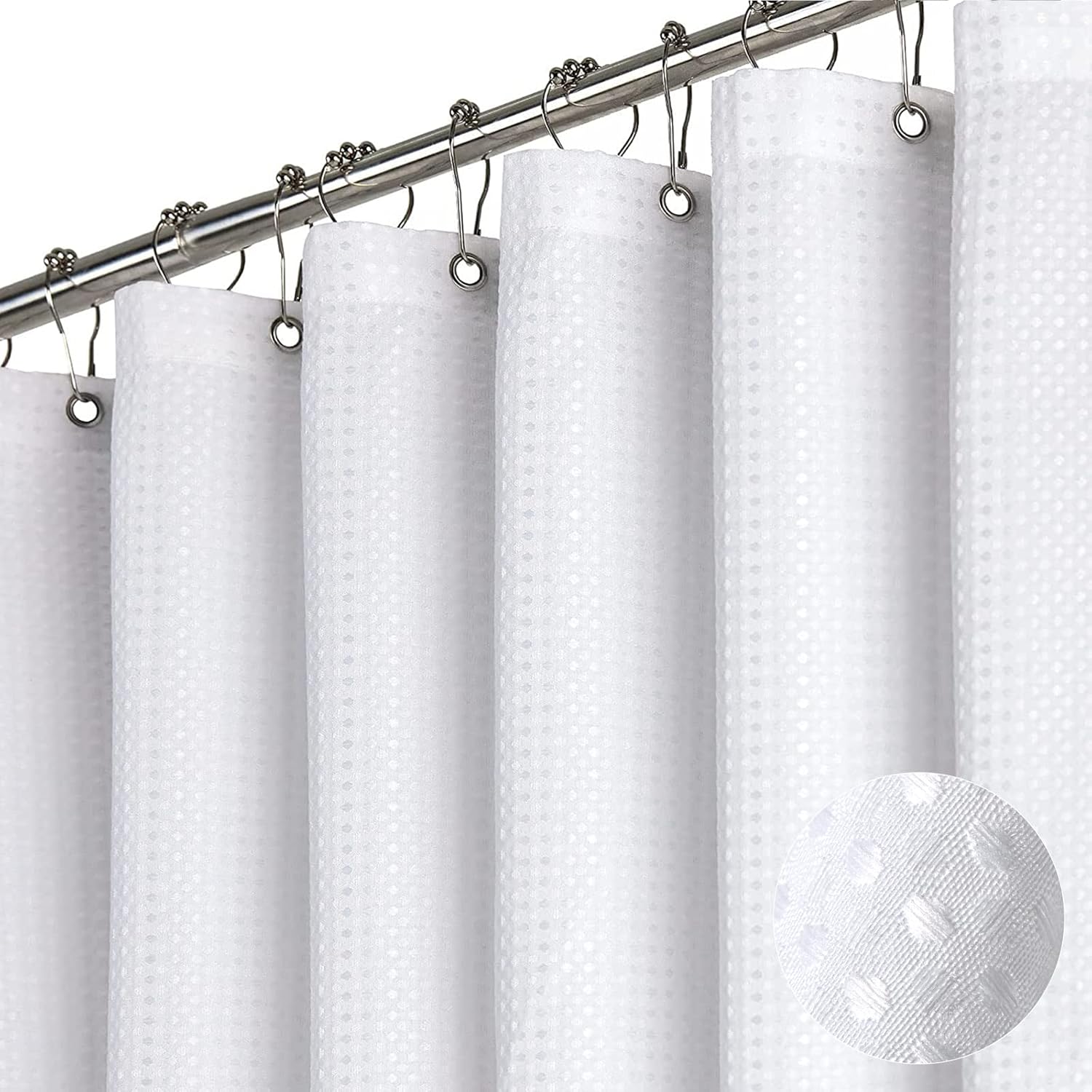 Dynamene Long White Fabric Shower Curtain - Waffle Textured Tall Heavy Duty Clot...