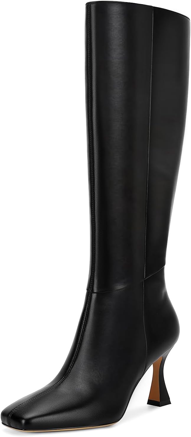 Dsevht Black Leather Knee High Boots for Women Stiletto Kitten Heeled Sexy Boots...
