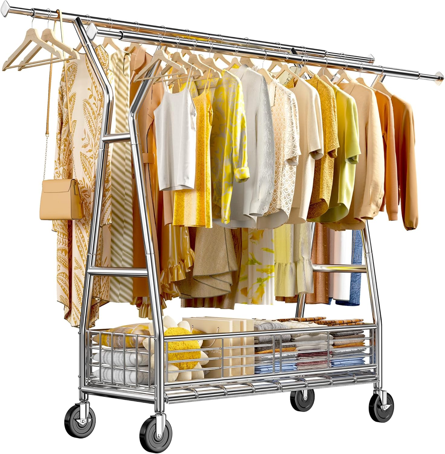 Raybee Clothes Rack Heavy Duty Rolling Clothing Rack with Wheels Load 600LBS Dou...