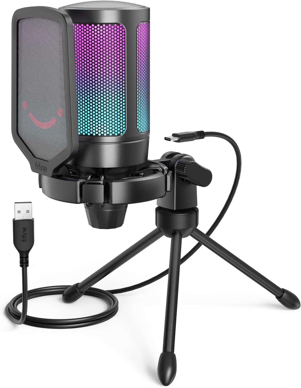FIFINE Gaming USB Microphone for PC PS5, RGB Condenser Microphone with Tap-to-Mu...