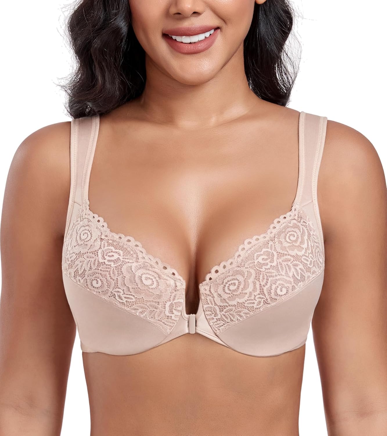 DotVol Women's Front Closure Wide Strap Underwire Bra Lace Plus Size U-Back Unli...