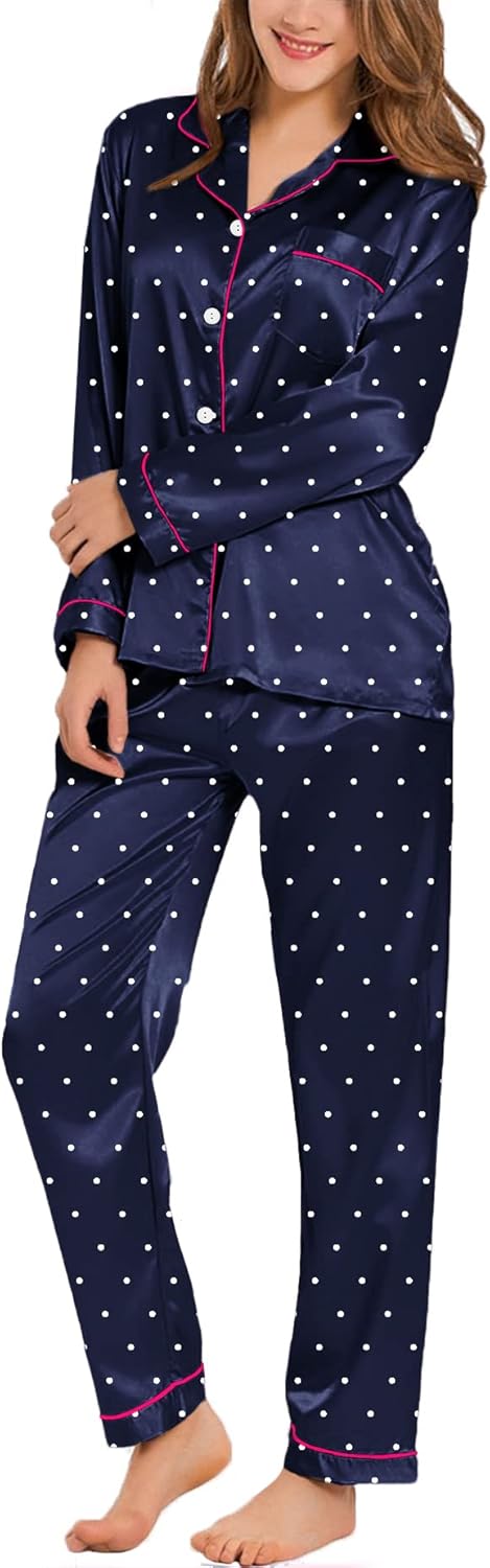 SWOMOG Women's Pyjama Set Silk Satin Long Sleeve Button Down Pyjamas Two Piece C...